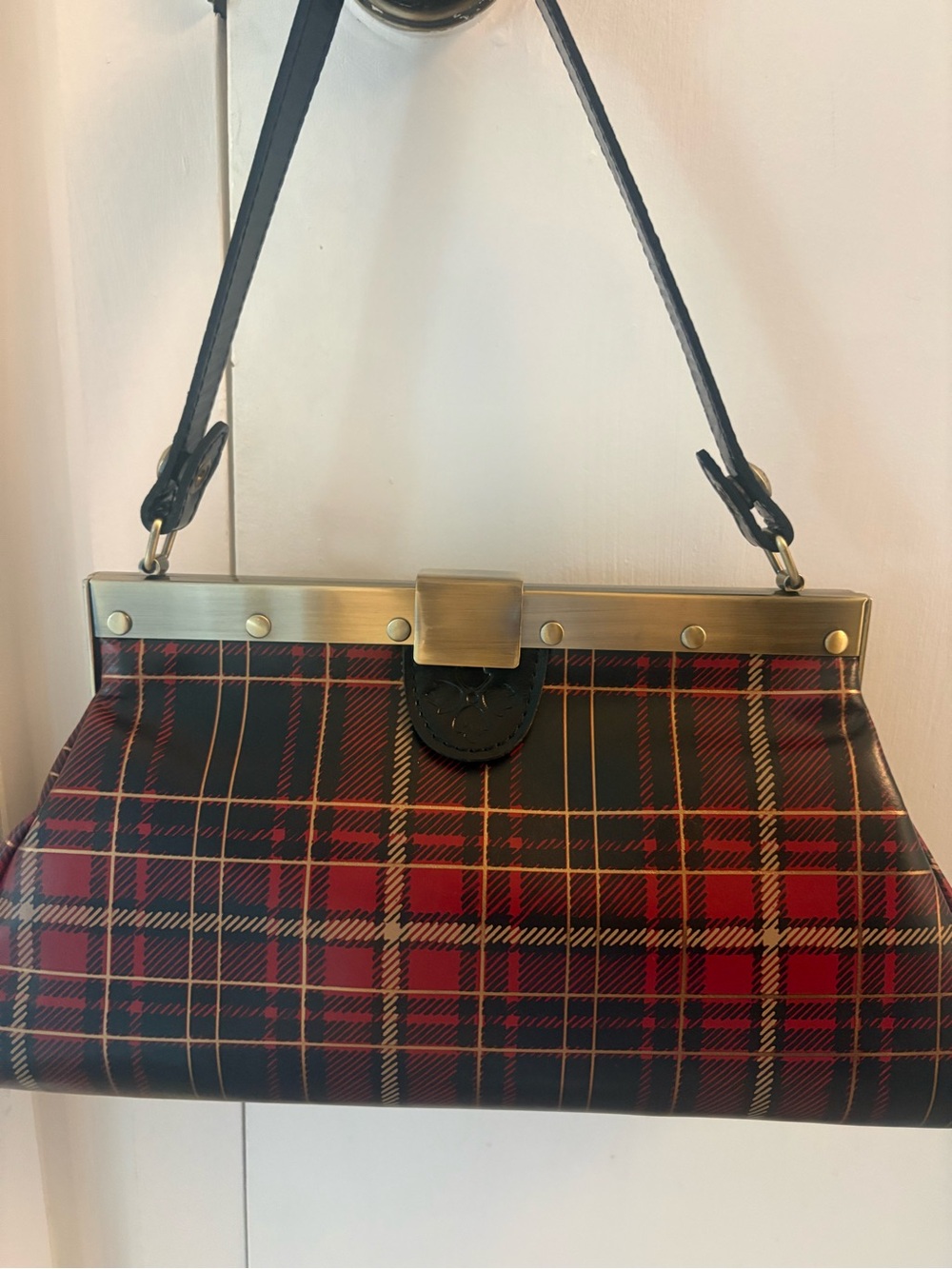 Patricia Nash Red and Black Plaid Medium Shoulder Bag Gold Hardware